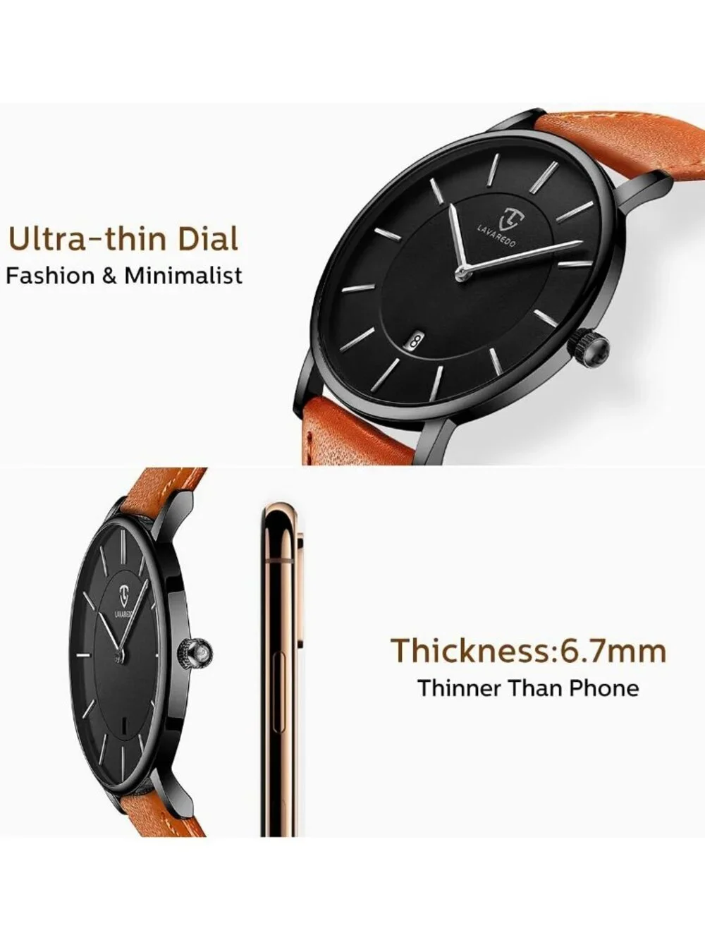 Men Orange Black Dial Leather Strap Analog Minimalist Fashion Simple Wrist Watch